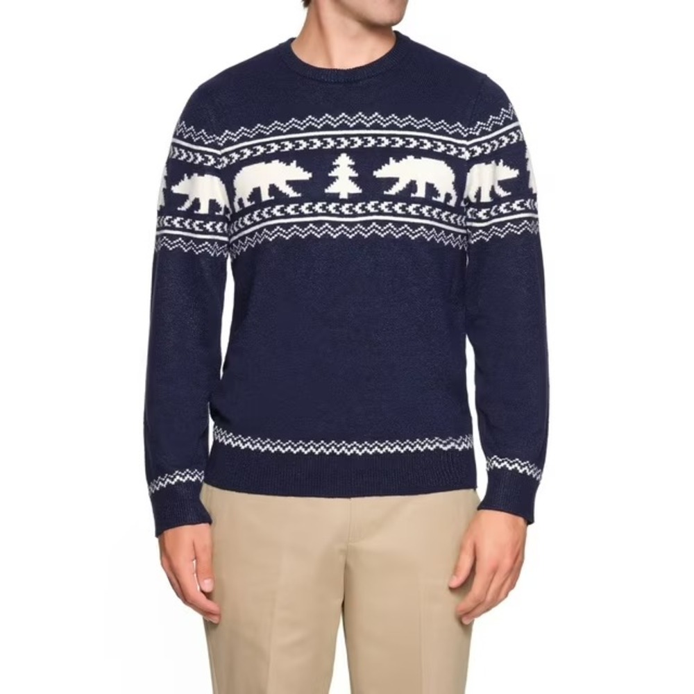 NWT Lands' End Men's Fair Isle Sweater XL Blue Polar Bear Holiday Crewneck